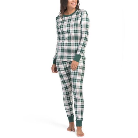 PETIT LEM Green White Red Holiday Plaid 100% Cotton Long Sleeve PJ Jogger Set - Picture 1 of 16